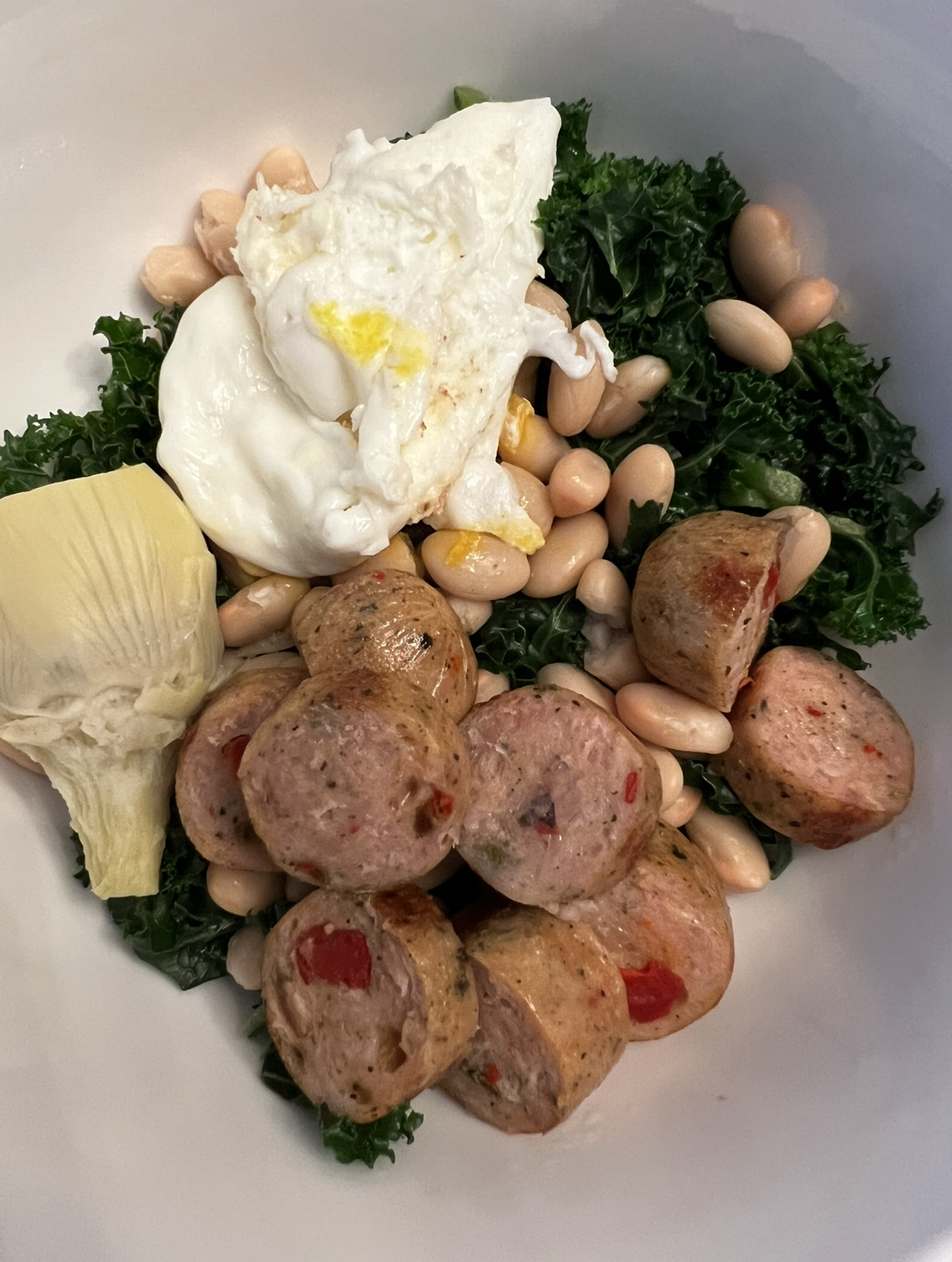 sausage, eggs, kale, artichokes, beans